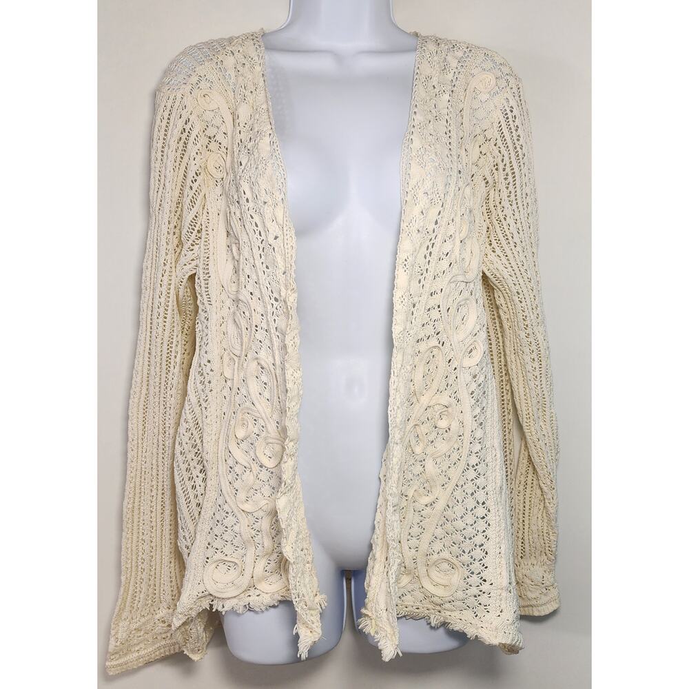 Chico's Cream Crochet Open Cardigan Boho Lace Cotton Size 2